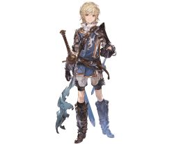 Rule 34 | 1boy, arthur (granblue fantasy), blonde hair, full body, granblue fantasy, looking at viewer, male focus, minaba hideo, official art, red eyes, shorts, smile, solo, sword, transparent background, weapon