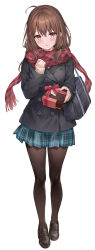 Rule 34 | 1girl, ahoge, bag, black footwear, black jacket, black pantyhose, blue skirt, blush, box, brown eyes, brown hair, commentary request, copyright request, fringe trim, full body, gift, gift box, hair between eyes, higeneko, highres, holding, holding gift, jacket, loafers, long hair, long sleeves, looking at viewer, novel illustration, official art, pantyhose, parted lips, plaid, plaid scarf, plaid skirt, pleated skirt, red scarf, scarf, school bag, shoes, simple background, skirt, sleeves past wrists, solo, standing, white background