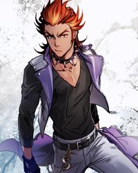 Rule 34 | 10s, 1boy, akai suzaku, bad id, bad pixiv id, belt, chain, collar, fingerless gloves, gloves, gold chain, idolmaster, idolmaster side-m, iwa (iwa000ima), looking at viewer, male focus, multicolored hair, open clothes, open vest, red eyes, red hair, sideburns, solo, spiked collar, spiked hair, spikes, two-tone hair, vest