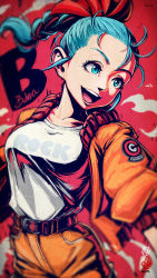 Rule 34 | 1girl, absurdres, blouse, blue eyes, blue hair, braid, braided ponytail, breasts, bulma, character name, clothes writing, dragon ball, dragon ball (classic), eyelashes, female focus, highres, jacket, kanchiyo, matching hair/eyes, open mouth, orange jacket, orange pants, pants, patch, red background, shirt, single braid, smile, solo, teeth, upper teeth only, white shirt