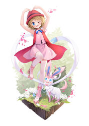 Rule 34 | 1girl, ;d, arms up, bare arms, blonde hair, blue eyes, blue ribbon, blush, boots, chinese commentary, commentary request, creatures (company), dress, eyelashes, fengli (709622571), flower, game freak, gen 6 pokemon, grass, highres, leg up, looking at viewer, medium hair, neck ribbon, nintendo, one eye closed, open mouth, pink dress, pink footwear, pokemon, pokemon (anime), pokemon (creature), pokemon xy (anime), ribbon, roller skates, serena (pokemon), skates, smile, sylveon, thighhighs, white flower, white thighhighs