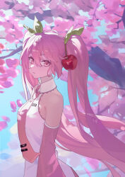 Rule 34 | 1girl, bare shoulders, blue sky, cherry blossoms, cherry hair ornament, collared shirt, crossed bangs, day, detached sleeves, expressionless, falling petals, floating hair, food-themed hair ornament, frilled shirt collar, frills, from side, hair between eyes, hair ornament, hatsune miku, highres, long hair, looking at viewer, necktie, official alternate costume, outdoors, petals, pink eyes, pink hair, pink necktie, sakura miku, shirt, sidelocks, sky, sleeveless, sleeveless shirt, sunlight, tie clip, twintails, very long hair, vocaloid, white shirt, wudongyouyi