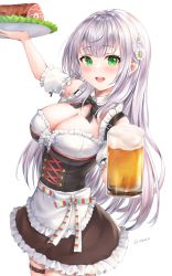 1girl absurdres alcohol beer beer_mug blush breasts cleavage cup detached_collar green_eyes hair_ornament highres holding holding_beer hololive hololive_fantasy inkuzyu large_breasts long_hair looking_at_viewer mug open_mouth plate shirogane_noel shirogane_noel_(dirndl) silver_hair simple_background smile solo standing thigh_strap virtual_youtuber waitress white_background