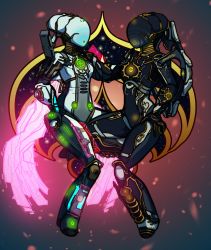 Rule 34 | 2girls, alternate costume, armor, bodysuit, breasts, glowing, hand on another&#039;s shoulder, hand on own hip, helmet, highres, interstellarfarts, leg between thighs, looking at another, multiple girls, nova (warframe), nova prime (warframe), scarf, small breasts, tagme, warframe