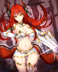 Rule 34 | 1girl, absurdres, armor, bare shoulders, bikini armor, breasts, chixiao, cleavage, collarbone, commentary request, gauntlets, highres, horns, long hair, looking at viewer, medium breasts, miniskirt, navel, off shoulder, original, pleated skirt, red hair, skirt, solo, yellow eyes