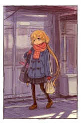 Rule 34 | 1girl, :t, bag, blonde hair, brown eyes, coat, commentary request, fugo, full body, futaba anzu, grocery bag, idolmaster, idolmaster cinderella girls, loafers, long hair, low twintails, mittens, outdoors, pantyhose, pleated skirt, scarf, shoes, shopping bag, shoulder bag, sketch, skirt, solo, stuffed animal, stuffed rabbit, stuffed toy, twintails