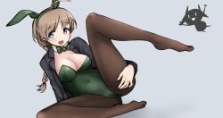 Rule 34 | 1girl, ahoge, animal ears, black pantyhose, bow, bowtie, braid, breasts, brown hair, cleavage, covered navel, detached collar, green bow, green bowtie, green leotard, grey background, grey eyes, grey jacket, happy new year, highres, jacket, leotard, lynette bishop, m1saki 1, medium breasts, miyafuji yoshika, new year, open clothes, open jacket, pantyhose, playboy bunny, rabbit ears, rabbit tail, silhouette demon, simple background, single braid, solo, spread legs, strike witches, tail, world witches series, wrist cuffs