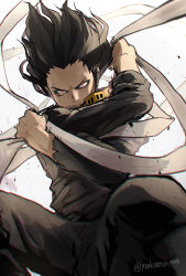 Rule 34 | 1boy, black hair, black pants, black shirt, boku no hero academia, clenched hands, crossed arms, eraser head (boku no hero academia), facial hair, from below, highres, holding, holding clothes, holding scarf, long sleeves, looking at viewer, male focus, nakamu 405, pants, red eyes, scarf, shirt, solo, stubble, twitter username, v-shaped eyebrows, white background