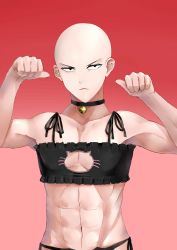 Rule 34 | 1boy, abs, absurdres, bad id, bad pixiv id, bald, bell, neck bell, neck bell, black bra, black eyes, black panties, bra, cat cutout, cat ear panties, cat lingerie, choker, cleavage cutout, clothing cutout, collar, collarbone, crossdressing, highres, looking at viewer, male focus, mayonaisu, meme attire, navel, one-punch man, panties, paw pose, red background, saitama (one-punch man), side-tie panties, solo, underwear, underwear only, upper body