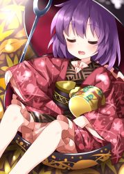 Rule 34 | 1girl, black neckwear, black sash, bowl, bowl hat, closed mouth, hat, highres, in container, japanese clothes, kimono, leaf, long sleeves, miracle mallet, needle, open mouth, purple hair, red kimono, ruu (tksymkw), sash, short hair, sleeping, solo, sukuna shinmyoumaru, touhou, wide sleeves