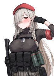 Rule 34 | 1girl, absurdres, ammunition pouch, arm up, armband, assault rifle, belt buckle, belt pouch, beret, black gloves, braid, breasts, buckle, checkered clothes, checkered skirt, closed mouth, dog tags, fingerless gloves, g36c (girls&#039; frontline), g36c (red beret) (girls&#039; frontline), girls&#039; frontline, gloves, grey hair, gun, h&amp;k g36, hair between eyes, hair over one eye, hair ribbon, harness, hat, highres, holding, holding gun, holding weapon, kuro (zhurunbo1997), large breasts, load bearing vest, long hair, looking at viewer, official alternate costume, plaid, plaid skirt, pleated skirt, pouch, red beret, red eyes, red hat, ribbon, rifle, side braid, skirt, smoke grenade, snap-fit buckle, solo, strap, sweat, turtleneck, upper body, very long hair, weapon