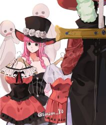 Rule 34 | 1boy, 1girl, back, bad id, bad twitter id, black corset, black dress, black eyes, blunt bangs, braided sidelock, clothes hanger, collared coat, commentary request, corset, dracule mihawk, dress, eyelashes, flower, ghost, hat, hat feather, holding, holding clothes hanger, joman, korean commentary, long hair, one piece, perona, pink hair, red dress, rose, simple background, strapless, strapless dress, sword, top hat, twitter username, weapon, weapon on back, white background, white flower, white rose