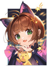 Rule 34 | &gt;o&lt;, 1girl, :d, animal ears, antenna hair, bell, brown hair, cardcaptor sakura, cat ears, commentary, dress, fang, green eyes, hair intakes, hands up, highres, interlocked fingers, jingle bell, kero (cardcaptor sakura), kinomoto sakura, long sleeves, looking at viewer, mio-muo1206, nail polish, open mouth, outside border, own hands together, pink dress, pink nails, short hair, sidelocks, smile, sparkle, star (symbol), upper body