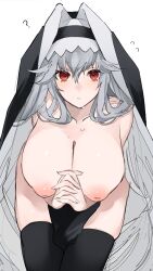 Rule 34 | 1girl, ?, absurdres, alternate costume, arknights, black thighhighs, black veil, blush, breasts, chunta, cleavage, commentary, feet out of frame, from above, grey hair, hair between eyes, hair flaps, highres, inverted nipples, large breasts, long hair, looking at viewer, nipples, own hands clasped, own hands together, parted lips, pelvic curtain, puffy nipples, red eyes, sidelocks, simple background, sitting, solo, specter (arknights), sweat, thighhighs, thighs, topless, veil, very long hair, white background