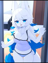 Rule 34 | 1girl, :3, absurdres, ahoge, android, animal ears, animal hands, animal nose, backlighting, bare shoulders, bed, blue eyes, blue hair, blue panties, blue shirt, blurry, blurry background, blush, body fur, breasts, bright pupils, camisole, claws, cleavage, cowboy shot, crop top, dev voxy, doorway, ear piercing, earrings, fangs, female focus, fox ears, fox tail, furry, furry female, half-closed eyes, hand up, happy, highres, indoors, jewelry, joints, large breasts, letterboxed, light blush, long hair, looking at viewer, multicolored hair, multiple earrings, navel, off shoulder, open mouth, original, panties, piercing, pov doorway, shirt, sidelocks, sleeveless, sleeveless shirt, smile, solo, standing, strap slip, tail, thigh gap, thighs, two-tone hair, underwear, underwear only, waving, white fur, white hair, white pupils