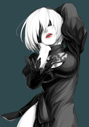 Rule 34 | 1girl, arm behind back, black dress, black feathers, blindfold, breasts, cleavage, cleavage cutout, clothing cutout, colored skin, cowboy shot, dress, feathers, hand on own cheek, hand on own face, highres, leotard, lipstick, long sleeves, makeup, medium breasts, mole, mole under mouth, nier:automata, nier (series), no gloves, open mouth, puffy long sleeves, puffy sleeves, red lips, short hair, solo, spot color, takurowo, white hair, white leotard, white skin, 2b (nier:automata)