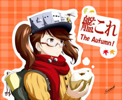 Rule 34 | 10s, 1girl, animal, artist name, autumn, autumn leaves, backpack, bad id, bad pixiv id, bag, bespectacled, brown hair, bug, copyright name, dragonfly, food, food request, from side, frown, glasses, holding, insect, kantai collection, kizeminato, orange background, pink-framed eyewear, plaid, plaid background, red scarf, ryuujou (kancolle), scarf, semi-rimless eyewear, simple background, solo, twintails, under-rim eyewear, upper body, visor cap, wings