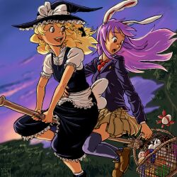 Rule 34 | 2girls, basket, blonde hair, blush, breasts, broom, broom riding, brown eyes, easter, easter egg, egg, flying, grey thighhighs, hat, holding, holding basket, kirisame marisa, long hair, multiple girls, necktie, open mouth, rabbit ears, ragathol, red eyes, red necktie, reisen udongein inaba, sky, small breasts, smile, thighhighs, touhou, witch, witch hat
