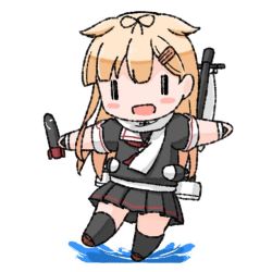 Rule 34 | 1girl, black ribbon, black serafuku, black skirt, blonde hair, blush stickers, commentary request, hair flaps, hair ribbon, holding, holding torpedo, kantai collection, long hair, machinery, neckerchief, outstretched arms, pleated skirt, poipoi purin, red neckerchief, ribbon, scarf, school uniform, serafuku, simple background, skirt, smile, solo, torpedo, white background, white scarf, yuudachi (kancolle), yuudachi kai ni (kancolle), | |