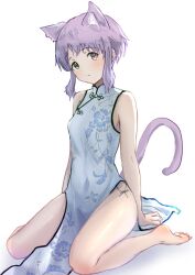 Rule 34 | 1girl, animal ears, arm support, barefoot, breasts, cat ears, cat tail, china dress, chinese clothes, commentary, covered navel, dress, floral print, hakubaru, idolmaster, idolmaster million live!, legs, light blue dress, light blush, looking at viewer, makabe mizuki, parted lips, purple hair, shadow, short hair, sidelocks, sleeveless, sleeveless dress, small breasts, solo, tail, thighs, toes, wavy hair, white background, yellow eyes