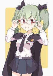 Rule 34 | 1girl, anchovy (girls und panzer), anzio school uniform, belt, bespectacled, black belt, black cape, black necktie, black ribbon, black skirt, cape, closed mouth, commentary, cowboy shot, dress shirt, drill hair, emblem, girls und panzer, glasses, green hair, hair ribbon, long hair, long sleeves, looking at viewer, miniskirt, necktie, pantyhose, pleated skirt, red eyes, ribbon, rimless eyewear, rounded corners, school uniform, shirt, skirt, smile, solo, standing, tanuki noyama, twin drills, twintails, white pantyhose, white shirt, wing collar, yellow background