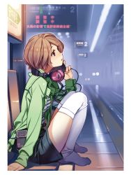 Rule 34 | 10s, 1girl, blouse, boots, brown eyes, brown hair, feet, feet on chair, from side, full body, headphones, headphones around neck, jacket, long sleeves, no shoes, open clothes, open jacket, profile, rail wars!, sasshou mari, shirt, short hair, shorts, sitting, socks, solo, striped clothes, striped shirt, thigh boots, thighhighs, train station, vania600, white socks