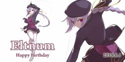 Rule 34 | 1girl, ankle boots, beret, birthday, boots, breasts, character name, dated, eltnum, french-bread, full body, hair ribbon, hand on own hip, happy birthday, hat, jacket, long hair, long legs, necktie, purple eyes, purple hair, ribbon, shiratori (uni), simple background, sion eltnam atlasia, skirt, sweater, thighhighs, under night in-birth