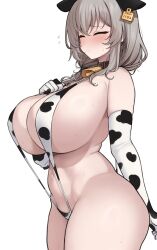Rule 34 | 1girl, animal ears, animal print, bare shoulders, bell, bikini, blush, breasts, closed eyes, closed mouth, collar, commentary, cow ears, cow girl, cow print, cowbell, cowboy shot, curvy, ear tag, elbow gloves, fake animal ears, flying sweatdrops, gloves, grey hair, hands on own breasts, highres, huge breasts, micro bikini, nago purin, neck bell, simple background, skindentation, slingshot swimsuit, solo, standing, sweat, swimsuit, symbol-only commentary, thick thighs, thighs, uzaki-chan wa asobitai!, uzaki tsuki, white background