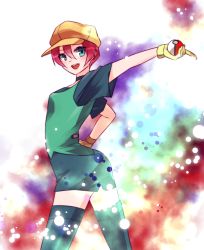 Rule 34 | 1girl, arched back, arm up, bazumi, blue choker, cabbie hat, choker, creatures (company), game freak, georgia (pokemon), gloves, green eyes, hair between eyes, hand on own hip, hand up, hat, highres, holding, holding poke ball, looking at viewer, multicolored background, nintendo, open mouth, pencil skirt, poke ball, pokemon, pokemon (anime), pokemon bw (anime), red hair, short hair, short sleeves, skirt, teeth, thighhighs, upper teeth only, yellow gloves