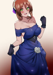 Rule 34 | 1girl, :d, bad id, bad pixiv id, bare shoulders, black gloves, blue dress, blush, breasts, brown hair, cleavage, clenched hand, collarbone, commentary request, dress, flower, girls&#039; frontline, gloves, green eyes, hair between eyes, highres, large breasts, long hair, looking at viewer, off-shoulder dress, off shoulder, official alternate costume, open mouth, rose, sideboob, skindentation, skirt hold, smile, solo, springfield (girls&#039; frontline), springfield (queen in radiance) (girls&#039; frontline), strapless, strapless dress, warashi, white flower, white rose