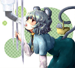Rule 34 | 1girl, animal ears, bad id, bad pixiv id, basket, bent over, cage, female focus, grey hair, itsuki kuro, jewelry, kneeling, licking, mouse (animal), mouse ears, mouse tail, nazrin, pendant, red eyes, short hair, solo, tail, tongue, touhou, water dispenser, white background