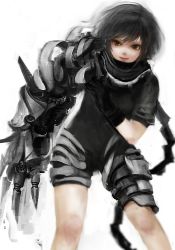 Rule 34 | 1girl, armor, bad id, bad pixiv id, black hair, gloves, lips, metal gloves, original, rofuro-e, solo, standing, white background