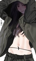 Rule 34 | 1girl, arms up, black hair, blush, breasts, cowboy shot, green jacket, highres, hitomi o, hood, hooded jacket, jacket, long hair, long sleeves, looking at viewer, medium breasts, midriff, navel, no bra, open mouth, original, shadow, simple background, solo, underboob, white background