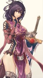 Rule 34 | 1girl, ao no kiseki, bow-shaped hair, breasts, dress, eiyuu densetsu, floating clothes, gauntlets, half updo, highres, holding, holding sword, holding weapon, huge weapon, large breasts, looking at viewer, purple eyes, purple hair, rixia mao, sidelocks, simple background, single arm guard, smile, solo, sword, weapon, white background, yukiko (leovioykk), zero no kiseki
