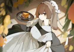 Rule 34 | 1girl, absurdres, animal ears, apron, black dress, blurry, brown hair, cake, commentary, depth of field, dress, flower, food, fork, grey eyes, hair between eyes, hand up, hat, highres, holding, holding plate, looking at viewer, mob cap, original, parted lips, plate, rabbit ears, rabbit girl, sakutake (ue3sayu), skirt hold, solo, sunlight, symbol-only commentary, wooden floor