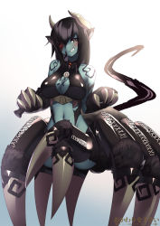 Rule 34 | 1girl, animal ears, animal hands, arachne, arthropod girl, bare shoulders, black hair, brown eyes, claws, colored skin, commentary, commission, cow ears, cowfee, crossed legs, dominatrix, english commentary, eyepatch, fur, gradient background, green skin, grin, highres, holding, horns, insect girl, looking at viewer, monster girl, monster girl encyclopedia, navel, riding crop, sharp teeth, simple background, smile, solo, spider girl, tattoo, taur, teeth, ushi-oni (monster girl encyclopedia)
