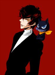 Rule 34 | 10s, 1boy, amamiya ren, animal, animal on shoulder, bad id, bad pixiv id, black hair, blue eyes, cat, flat color, grin, male focus, morgana (persona 5), persona, persona 5, red background, scarf, short hair, simple background, smile, solo, tenta (stardust), yellow eyes