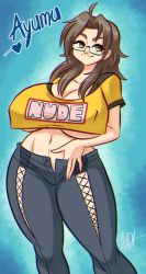 Rule 34 | 1girl, awd!, bad id, bad tumblr id, borrowed character, breasts, brown eyes, brown hair, character name, clothes writing, glasses, groin, huge breasts, looking at viewer, navel, ooo ayumu, original, signature, smile, solo, thick thighs, thighs, underboob