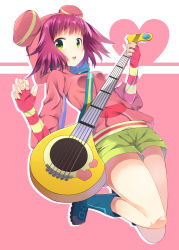 Rule 34 | 1girl, abusoru, blue footwear, blush, boots, breasts, commentary request, elbow gloves, fingerless gloves, full body, gloves, green eyes, green shorts, guitar, heart, highres, hood, hoodie, instrument, jumping, mega man (series), mega man star force, open mouth, pink hoodie, pocket, purple hair, short hair, short shorts, shorts, small breasts, smile, solo, sonia strumm (mega man), striped clothes, striped gloves