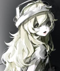 Rule 34 | 1girl, black background, black eyes, blonde hair, dress, galatea (identity v), gradient background, hair between eyes, headgear, hoge (n8sss), identity v, lipstick, long hair, looking at viewer, looking to the side, makeup, messy hair, parted lips, runny makeup, short sleeves, solid eyes, solo, torn clothes, torn sleeves, upper body, white dress