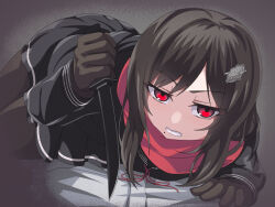 Rule 34 | 1girl, black gloves, black hair, black shirt, black skirt, black thighhighs, clenched teeth, commentary, deni m, eyelashes, gloves, hair ornament, hairclip, holding, holding weapon, long sleeves, looking at viewer, lying, mole, mole under mouth, on side, on stomach, pleated skirt, red eyes, red ribbon, red scarf, reverse grip, ribbon, sayo samonji (tenka hyakken), scarf, shirt, short sword, sidelocks, skirt, solo, sword, tantou, teeth, tenka hyakken, thighhighs, v-shaped eyebrows, weapon