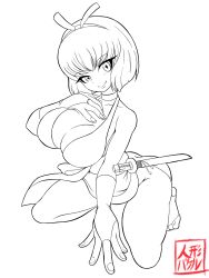 Rule 34 | 1girl, alternate breast size, arm support, artist request, ass, bare legs, bare shoulders, breasts, cleavage, curvy, dress, full body, gradient background, hairband, highres, inuyasha, katana, lips, looking at viewer, medium breasts, monochrome, no bra, revealing clothes, sakasagami no yura, short dress, simple background, smile, sword, weapon, wide hips