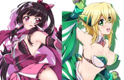 Rule 34 | 2girls, akatsuki kirika, arm up, armpits, bandeau, bare shoulders, black hair, blonde hair, breasts, commentary request, covered erect nipples, detached collar, elbow gloves, gloves, green eyes, hair between eyes, headgear, highres, long hair, looking at viewer, medium breasts, multiple girls, navel, niko (tama), open mouth, pink eyes, ribs, senki zesshou symphogear, shiny clothes, shiny skin, short hair, simple background, small breasts, striped, sweat, teeth, tsukuyomi shirabe, twintails, white background