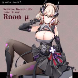 Rule 34 | 1girl, 2020, absurdres, azur lane, bare shoulders, black choker, black corset, black gloves, breasts, character name, choker, cleavage cutout, clothing cutout, corset, crossed bangs, detached sleeves, dress, frilled dress, frills, gloves, hand in own hair, headgear, hebitsukai-san, highres, idol, large breasts, light brown hair, looking at viewer, medium hair, multicolored hair, pantyhose, pleated skirt, red hair, roon (azur lane), roon (muse) (azur lane), simple background, sitting, skirt, solo, streaked hair, wing collar, yellow eyes