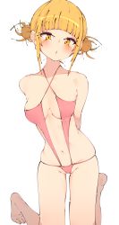 Rule 34 | 1girl, :o, absurdres, arms behind back, blonde hair, blush, boku no hero academia, breasts, collarbone, double bun, hair bun, highres, kneeling, looking at viewer, medium breasts, navel, one-piece swimsuit, pink one-piece swimsuit, rasusurasu, short hair, simple background, solo, swimsuit, toga himiko, white background, yellow eyes