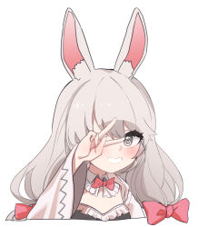 Rule 34 | 1girl, animal ear fluff, animal ears, aningay, arm up, black dress, blush, bow, cropped torso, dress, grey eyes, grey hair, hair between eyes, hair bow, highres, long hair, long sleeves, looking at viewer, original, pink bow, rabbit ears, simple background, smile, solo, upper body, white background, wide sleeves