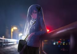 Rule 34 | 1girl, absurdres, against railing, bag, bang dream!, blazer, blurry, blurry background, butterfly hair ornament, commentary request, dated, frown, grey hair, hair ornament, haneoka school uniform, highres, jacket, lamppost, against railing, long sleeves, looking at viewer, minato yukina, night, outdoors, railing, school bag, school uniform, signature, skirt, solo, standing, xsk (ruanmumu)