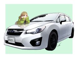 Rule 34 | 1girl, absurdres, black shirt, blonde hair, border, car, closed mouth, coat, commentary, fang, green background, green eyes, green jacket, hands on own cheeks, hands on own face, head rest, highres, inuyama aoi, jacket, leaning forward, license plate, long sleeves, looking away, motor vehicle, shirt, signature, skin fang, solo, subaru (brand), subaru impreza, swept bangs, thick eyebrows, vehicle focus, white border, winter clothes, winter coat, yasu (pixiv), yurucamp