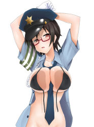 Rule 34 | 00s, 1girl, against glass, arms up, between breasts, bikini, black bikini, bottomless, breast press, breasts, breasts on glass, censored, eunos, front-tie top, glasses, gloves, hat, k-on!, large breasts, looking at viewer, manabe nodoka, necktie, out-of-frame censoring, police, police uniform, red-framed eyewear, semi-rimless eyewear, short hair, simple background, solo, swimsuit, under-rim eyewear, uniform, untied bikini, white background