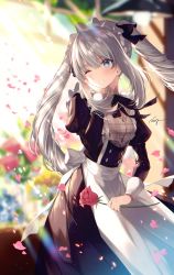 Rule 34 | 1girl, alternate costume, apron, blue eyes, blurry, depth of field, enmaided, fate/grand order, fate (series), flower, light rays, long hair, long sleeves, looking to the side, maid, maid apron, maid headdress, marie antoinette (animejapan 2016) (fate), marie antoinette (fate), necomi, official alternate costume, one eye closed, parted lips, rose, silver hair, smile, solo, very long hair, waist apron